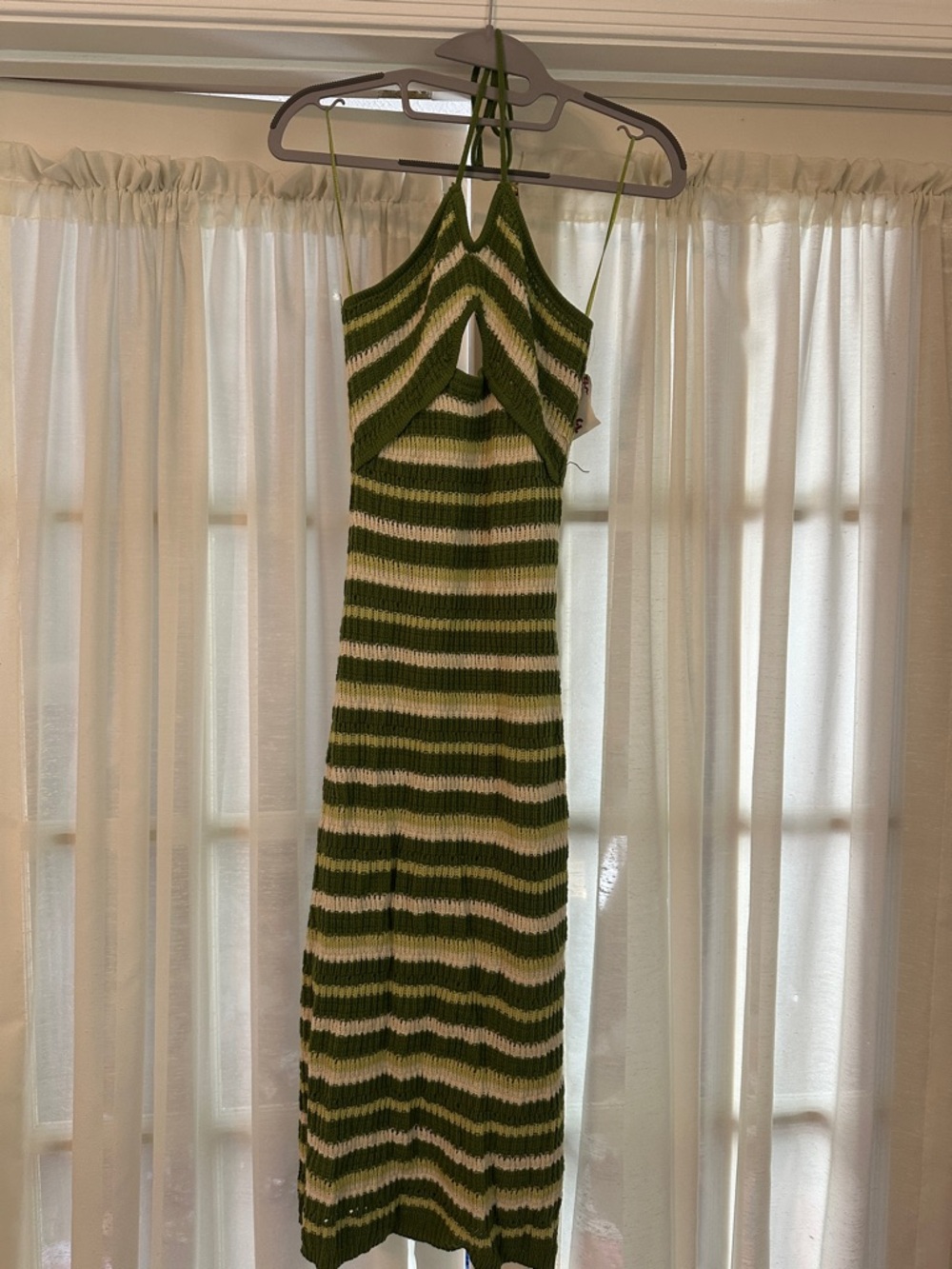 Green and Cream Striped Knit Halter Dress